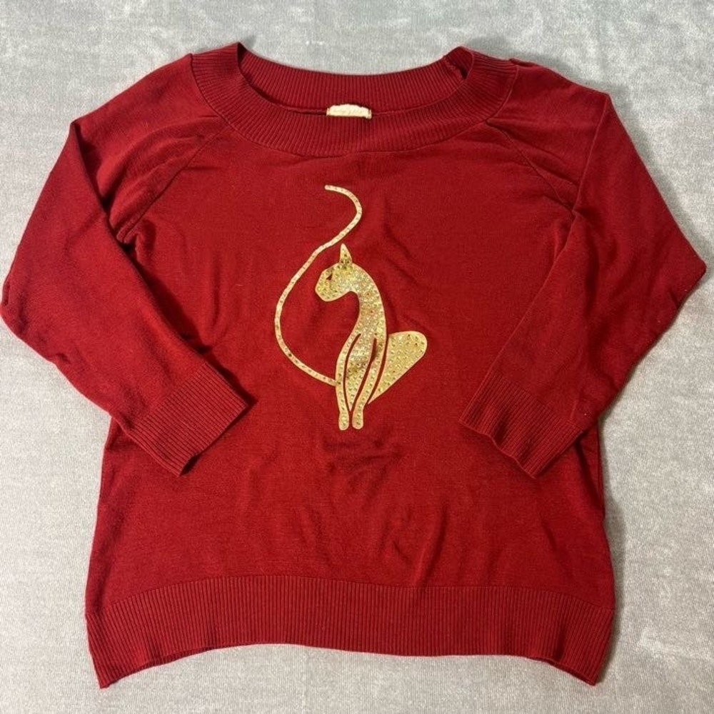 Baby Phat Womens 2X Rhinestone Cat Logo Sweater Red 3/4 Sleeve Y2K Glam